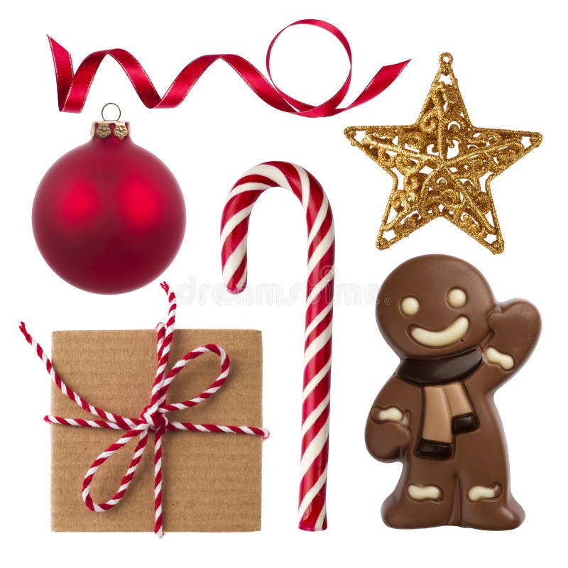 Collage du cadeau, de la décoration et des bonbons de Noël d'isolement sur le blanc photo stock Collage du cadeau, de la décoration et des bonbons de Noël d'isolement sur le blanc photo stock