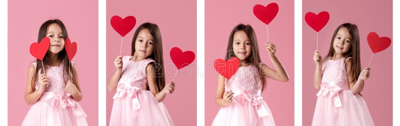 Collage du portrait de la petite fille tenant le coeur de papier Jour du ` s de St Valentine images libres de droits Collage du portrait de la petite fille tenant le coeur de papier Jour du ` s de St Valentine images libres de droits