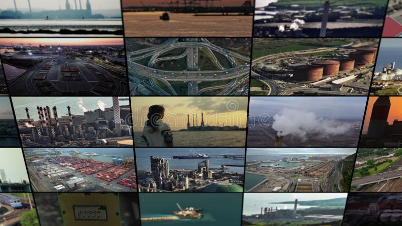 Collage en video del cambio climático y el calentamiento global en un paisaje industrial. almacen de metraje de vídeo