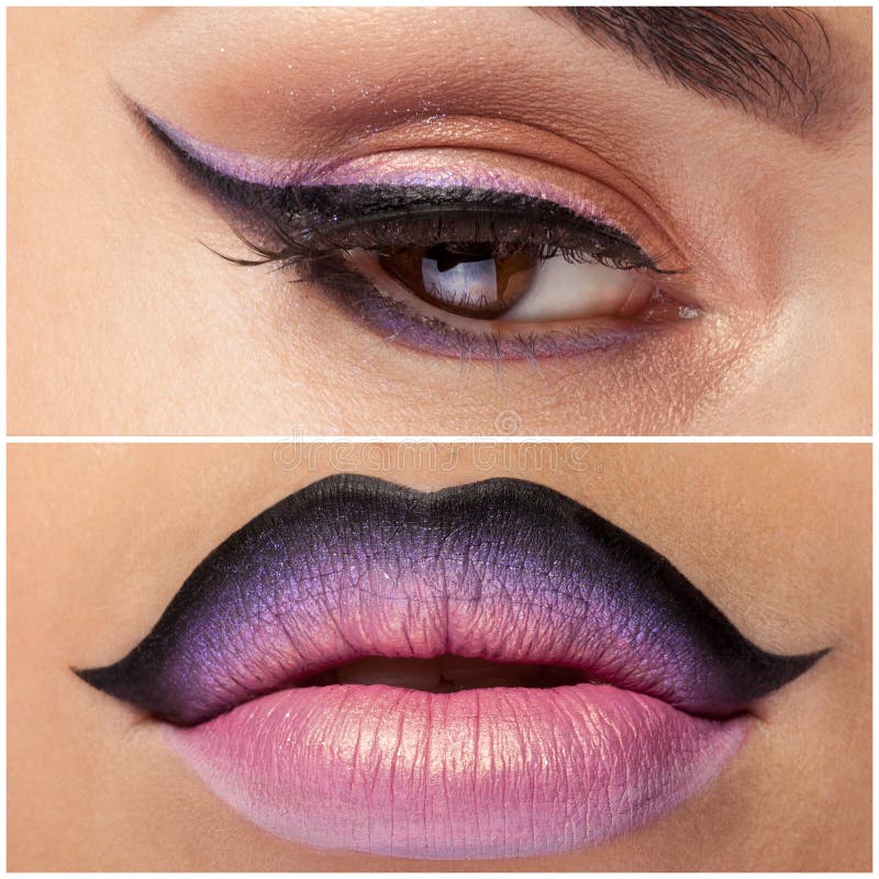 Collage of eye and lips with pink make up stock photo Collage of eye and lips with pink make up stock photo