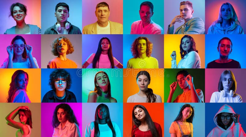 Collage of faces of emotional people of diverse gender, age and race on multicolored backgrounds in neon light royalty free stock photography