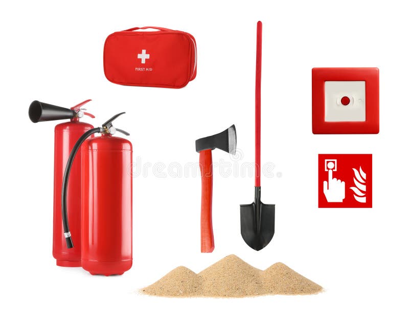Collage with fire extinguishers and other firefighting equipment on white background royalty free stock photo