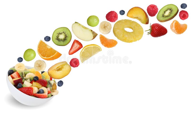 Collage of flying fruit salad with fruits like apples, oranges, kiwi, peach, banana and strawberry