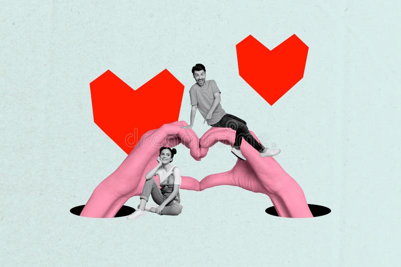 Collage fotografico composito di due felicissime gesti cardiaci per mano della famiglia San Valentino, isolato sulla fotografia stock libera da diritti
