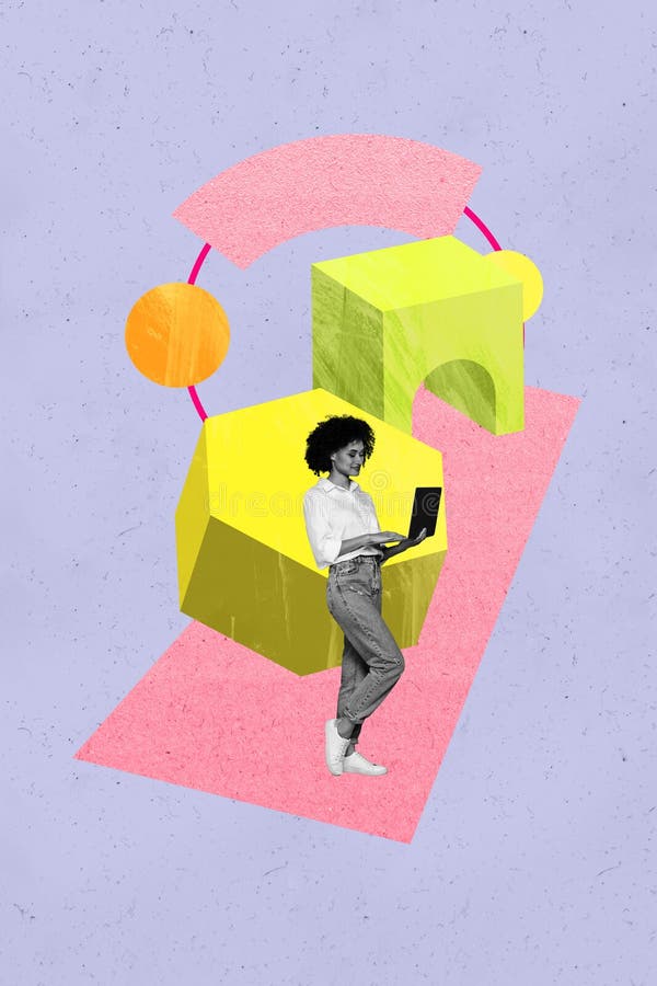 Collage fotografico verticale creativo di un uomo d'affari felice stand una figura geometrica portatile immagine stock libera da diritti
