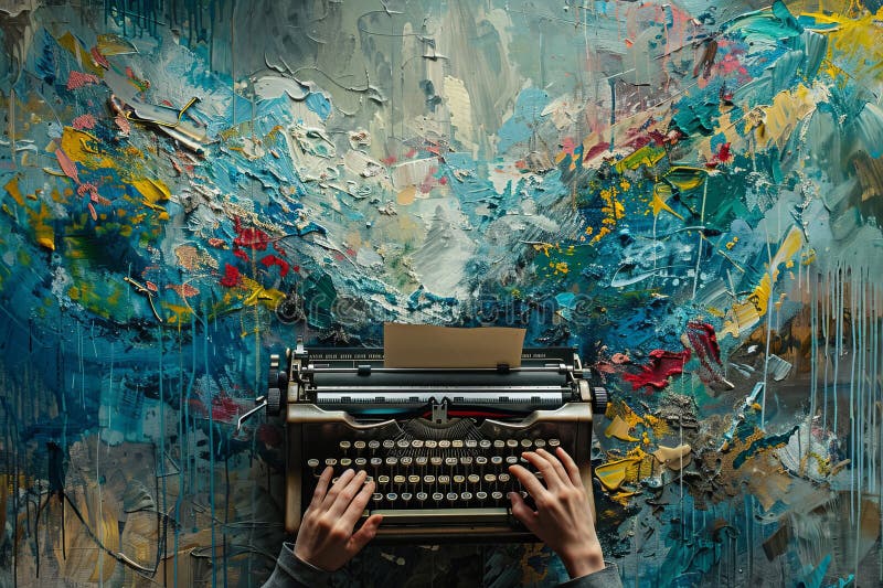 Collage fotográfico compuesto de manos escribiendo novela en máquina de escribir con letras libre illustration