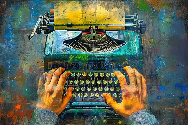 Collage fotográfico compuesto de manos escribiendo novela en máquina de escribir con letras impresas stock de ilustración