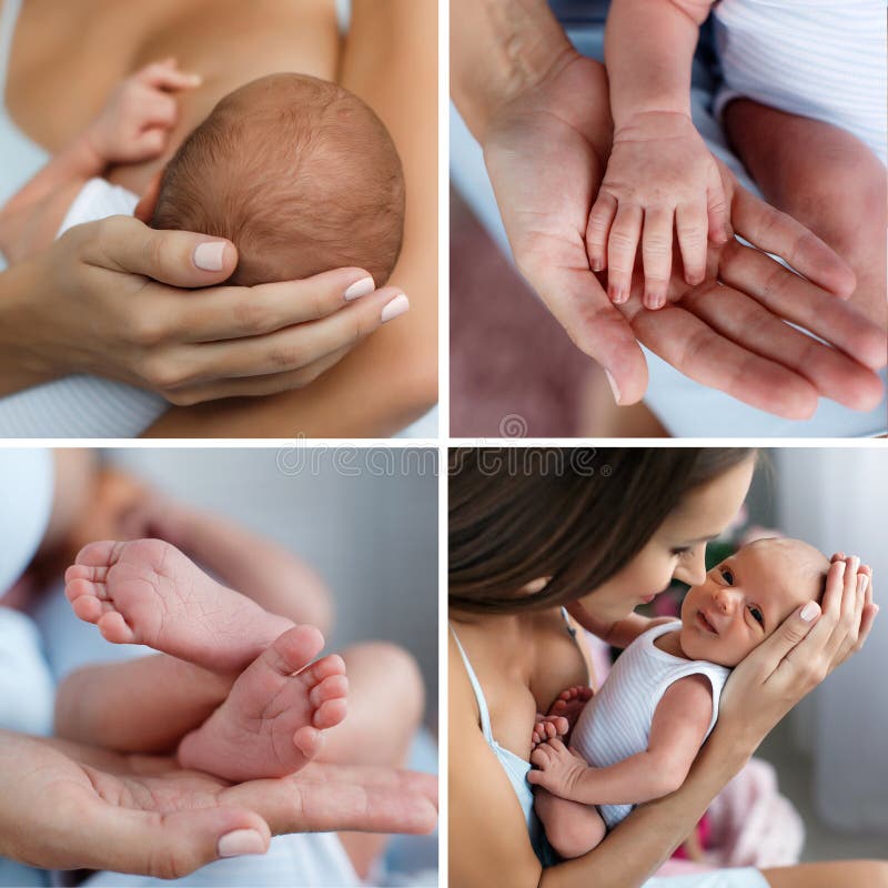 A collage of four photos of parts of the body of the mother and the baby