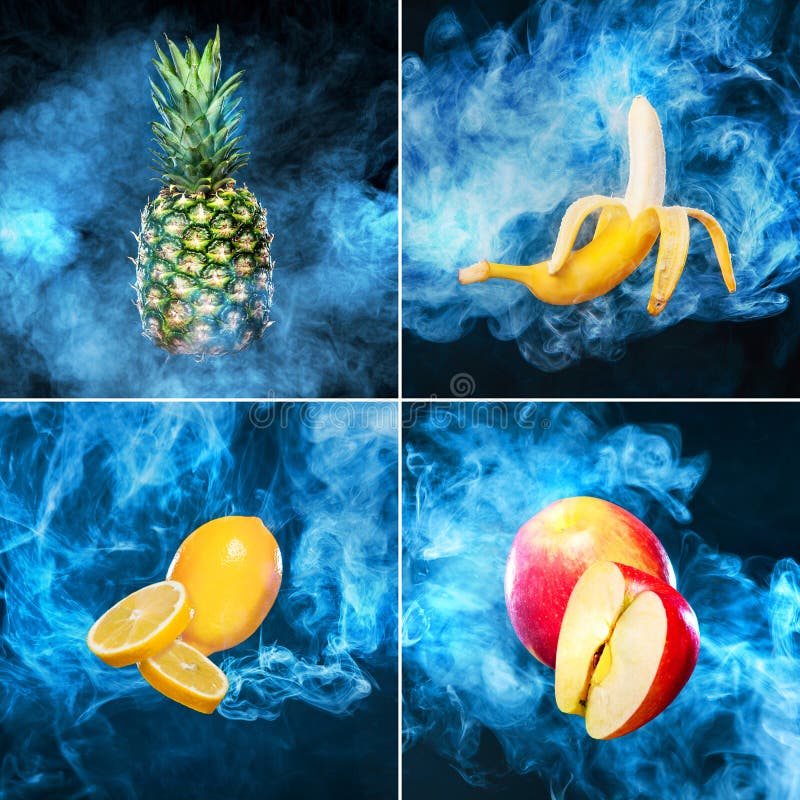 Collage of fresh fruits - Apple, Lemon, Banana, Pineapple on dark background with vape smoke. Collage of fresh fruits - Apple, Lemon, Banana, Pineapple on dark background with vape smoke