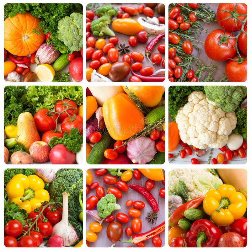 Collage Fundos das frutas e legumes imagens de stock royalty free