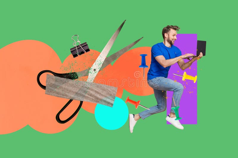 Collage of funny business person relax coffee retro computer keyboard keys text programming code in work concept stock photos