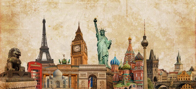 Collage för världsgränsmärkefotoet på tappningtessepia texturerade bakgrund, loppturism och begreppet för studie runt om världen