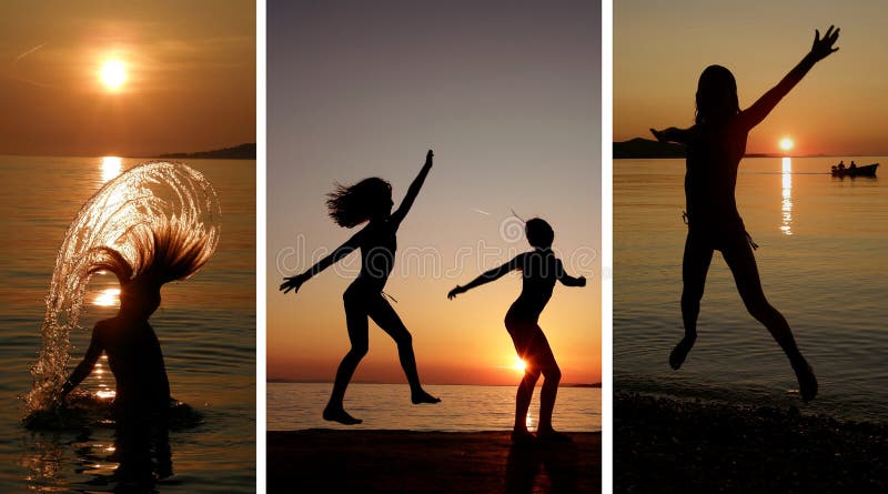 Collage-girls dancing and jumping in the sunset