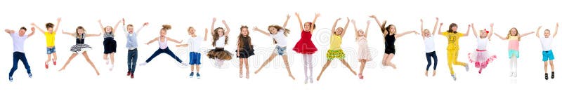 Collage, happy children jump stock image