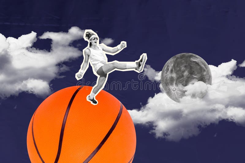 Collage Image of Black White Effect Mini Guy Big Basketball Full Moon