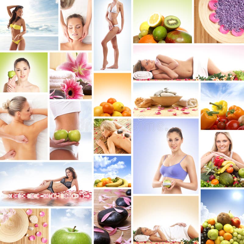 A collage of images with fresh fruits and relaxing women