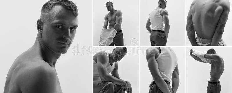 Collage with images of male fashion model posing isolated over studio background. Black and white. Man posing shirtless, relief body. Concept of men& x27;s health, beauty, body and skin care, fitness