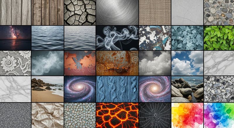 A collage of 30 images showcasing various textures and patterns. Top to bottom, left to right royalty free illustration