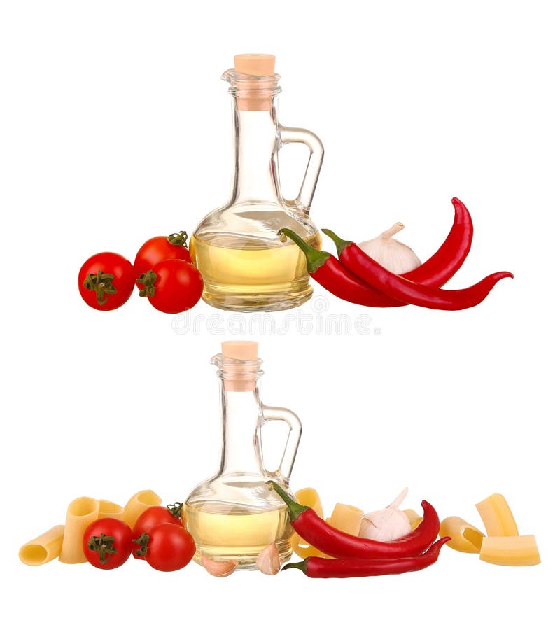 collage Ingredients for pasta. Spaghetti,cherie, chili, oil, garlic isolated on white