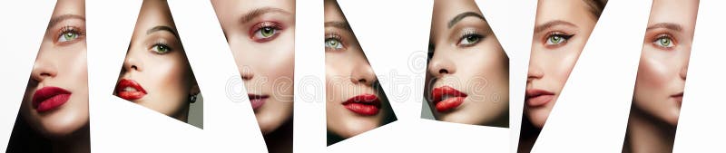 Collage jeune femme belle visages féminins maquillés photographie stock