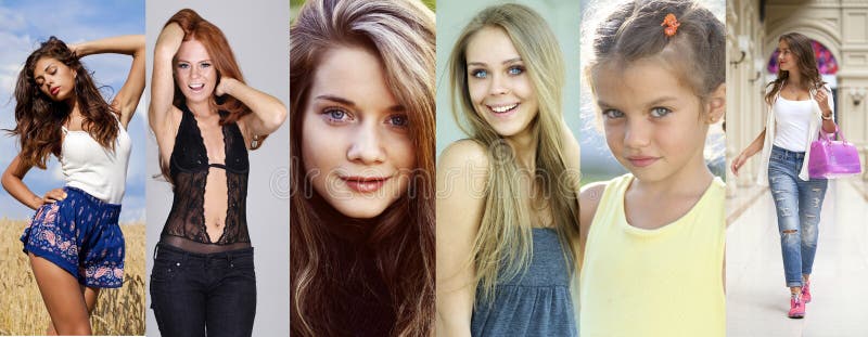 Collage jovens mulheres felizes foto de stock royalty free Collage jovens mulheres felizes foto de stock royalty free