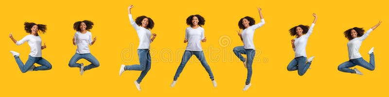 Collage of jumping happy african american woman over yellow background, panorama