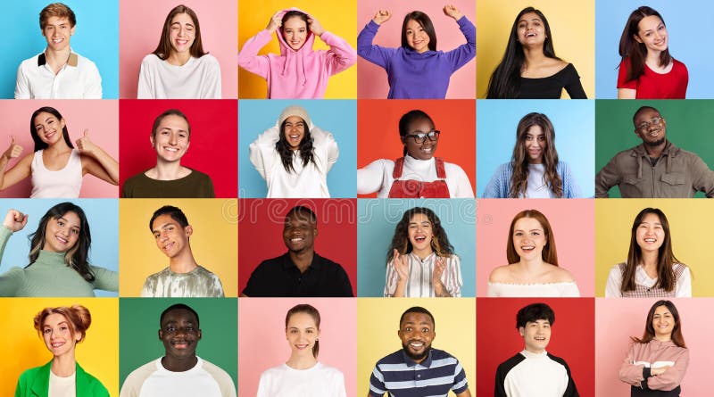 Collage made of different young people, men and women of various age, gender and nationality, smiling. Multicolored stock photos