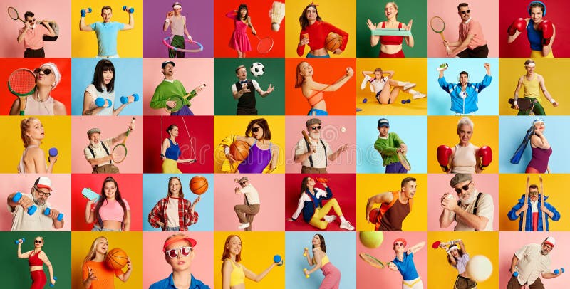 Collage made of portraits of different people, men and women training, doing sports against multicolored background