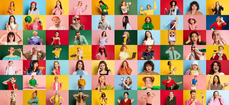 Collage made of portraits of diverse people, men and women showing happiness and shock, posing over multicolor
