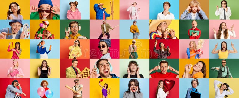 Collage made of portraits of happy emotional people of different age and gender posing over multicolored background