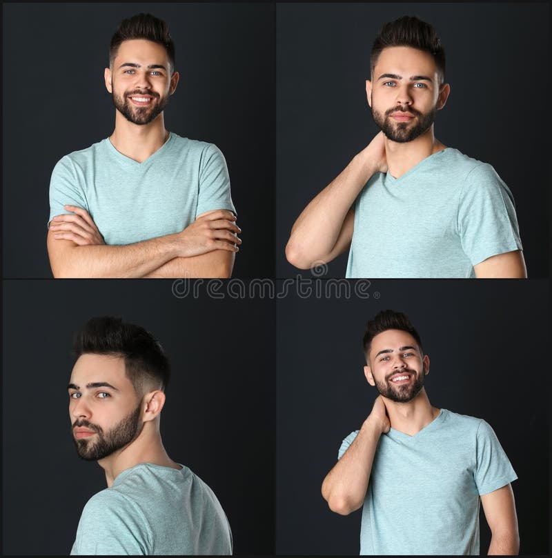 Collage med stående av den stiliga mannen på svart royaltyfria bilder Collage med stående av den stiliga mannen på svart royaltyfria bilder