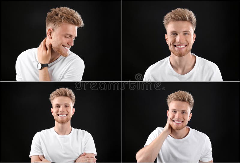 Collage med stående av den stiliga mannen på svart fotografering för bildbyråer Collage med stående av den stiliga mannen på svart fotografering för bildbyråer