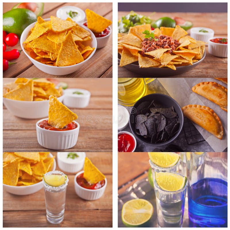 Collage with Mexican corn chips nachos with salsa dip and tequila royalty free stock photo