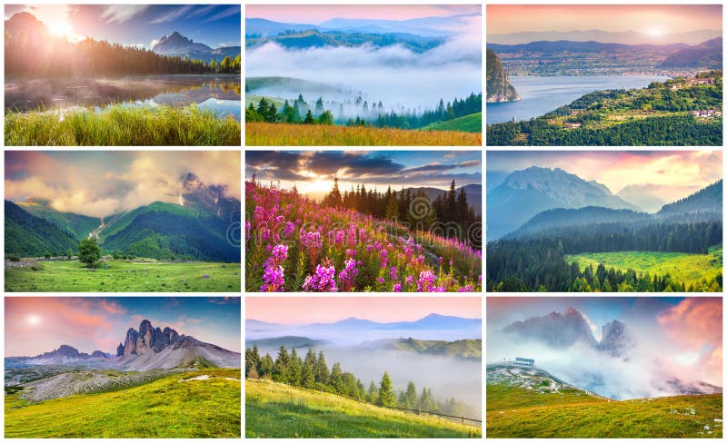Collage mit 9 bunten Sommerlandschaften