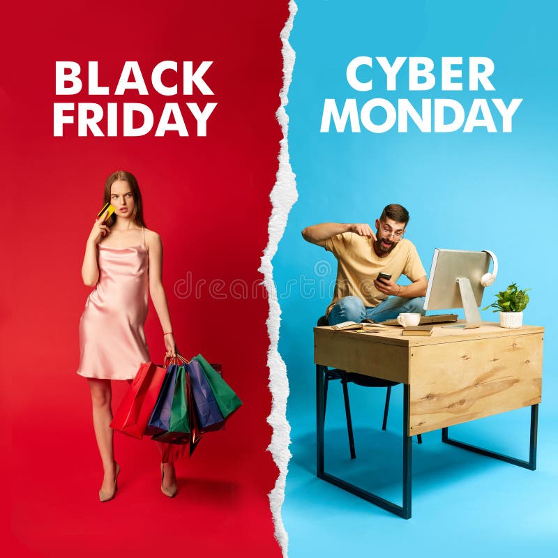 Collage. mujer vestida de rosa con bolsas de compras y tarjeta de crédito. hombre sentado en un escritorio y comprando productos p fotos de archivo libres de regalías