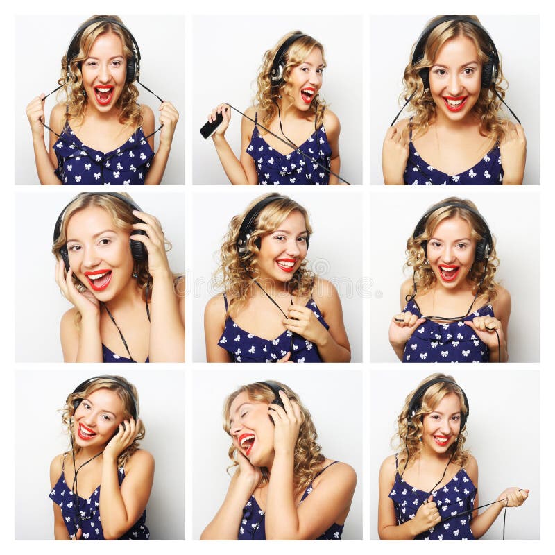 collage Mulher que escuta a música foto de stock royalty free collage Mulher que escuta a música foto de stock royalty free