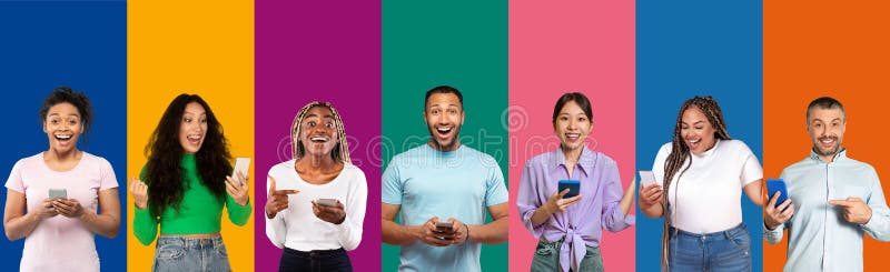 Collage of multiethnic diverse excited people using smartphones on background royalty free stock photo