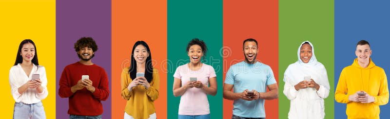 Collage of multiethnic diverse people using smartphones stock image