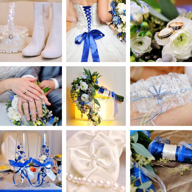 Collage of nine wedding photos in blue royalty free stock image
