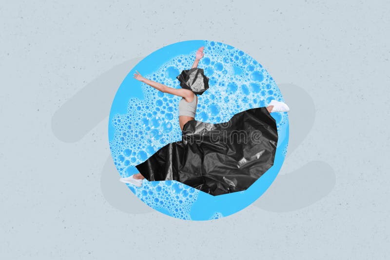 Collage photo banner of young jump air lady wear plastic skirt headless trash head near blue foam ocean pollution isolated on grey color background.