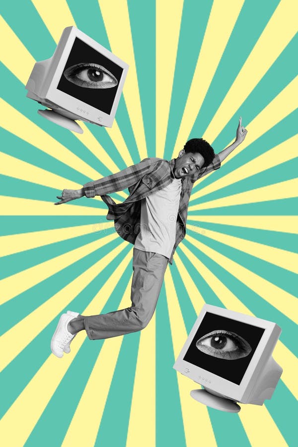 Collage photo illustration of young addicted computer screen user propaganda about ukraine fake news information royalty free stock images