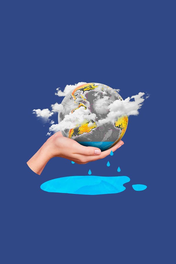 Collage photo picture of world planet sphere hand hold continent clouds air pollution warming temperature ocean dried isolated on blue background.