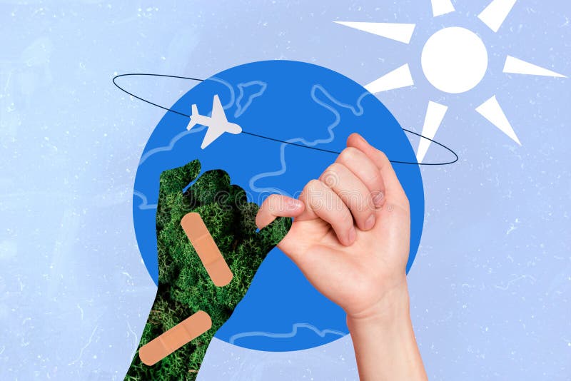 Collage photo poster of little fingers save planet concept stop air pollution global warming against trash oceans isolated on blue color background.