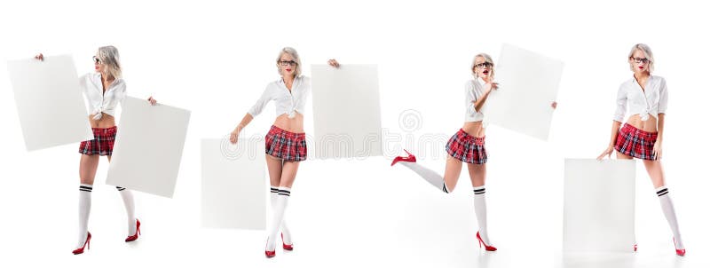 collage photo of sexy blond woman in schoolgirl uniform with blank banners isolated on white