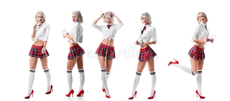 collage photo of sexy young woman in schoolgirl clothing posing isolated on white