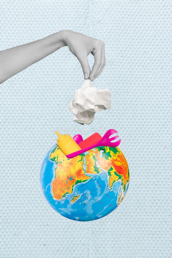 Collage photo of throwing hand hold paper garbage waste pollution earth planet plastic catastrophe help world banner isolated on painted background.