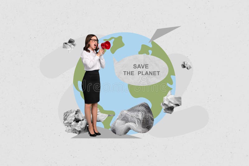 Collage photo of young activist woman screaming loudspeaker message save planet ecosystem biology pollution garbage isolated on grey background.