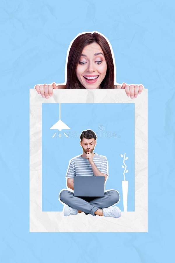 Collage photo of young professional coder programmer man sitting using laptop thinking cadre woman envy want vacancy royalty free illustration