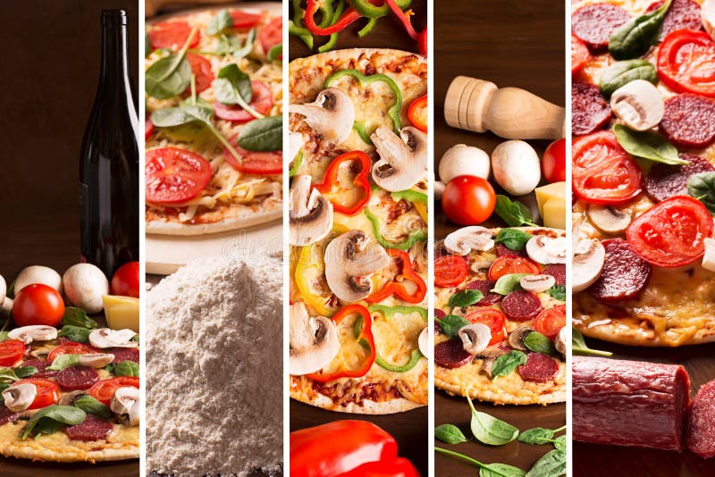 Collage from photoes of pizza stock photography