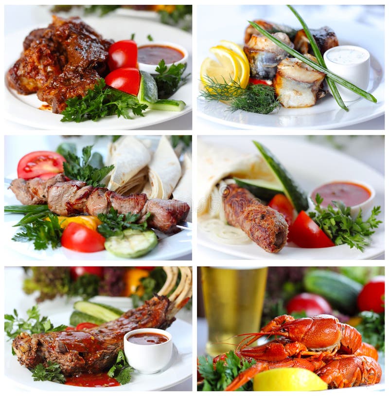 Collage from photographs of hot meat and fish dishes royalty free stock photo Collage from photographs of hot meat and fish dishes royalty free stock photo